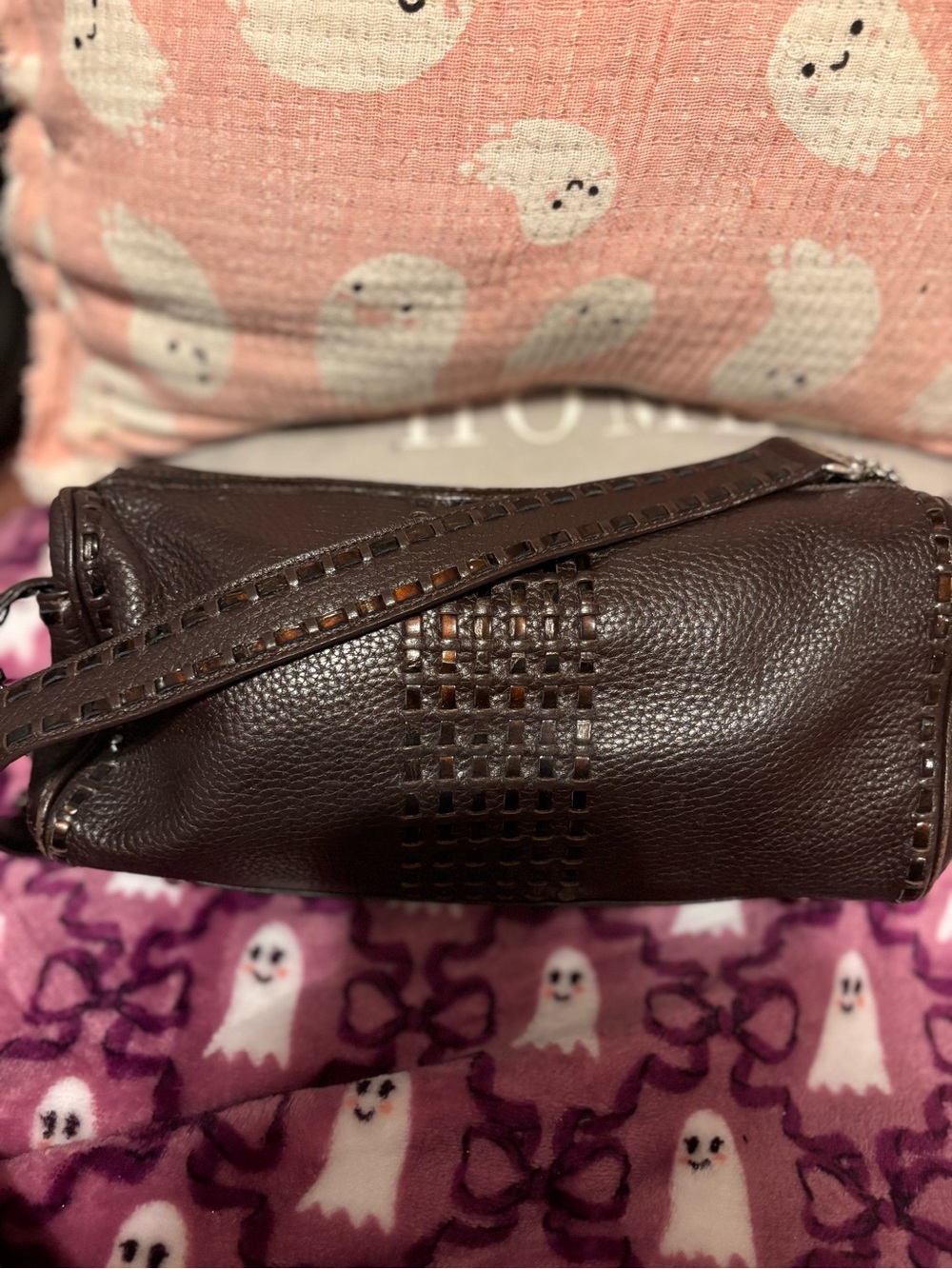 Woven Detail Dark Brown Leather  shoulder Bag
